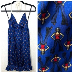 Betsey Johnson Mini Halter Dress Sailor Girl Print Blue Rope Tie Ruffled Size S
